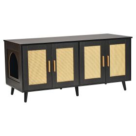 Cat Litter Box Enclosure for 2 Cats, Litter Box Furniture Hidden with Rattan Decorated Doors, Wooden Cat Box Cabinet Fit Most of Litter Box